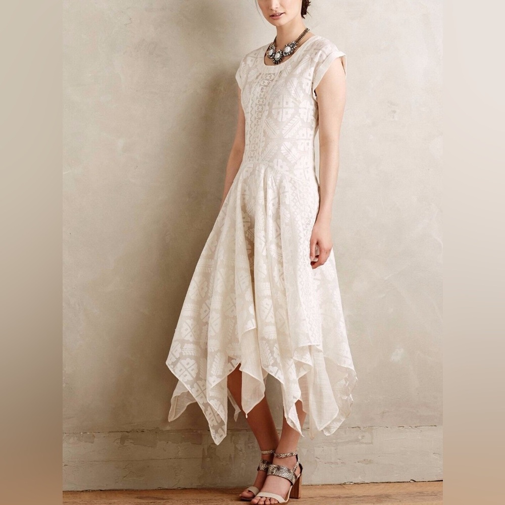 Payal Pratap Palena Cream Lace Asymmetrical Hemline Midi Dress OP Anthropologie